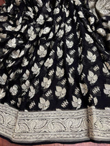 Black Color Pure Khaddi Georgette Banarasi Silk Saree with Sliver Zari Weaving | SILK MARK CERTIFIED - Kaash