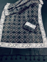 Silk Mark Certified Black Pure Kora Bandhani Parsi Gara saree in pure kora organza with bandhani digital print with parsi gara embroidery — Kaash Collection