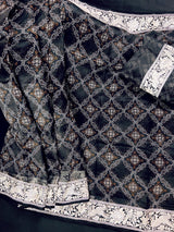 Silk Mark Certified Black Pure Kora Bandhani Parsi Gara saree in pure kora organza with bandhani digital print with parsi gara embroidery — Kaash Collection