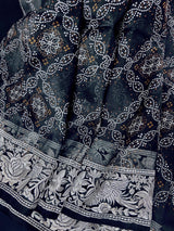 Silk Mark Certified Black Pure Kora Bandhani Parsi Gara saree in pure kora organza with bandhani digital print with parsi gara embroidery — Kaash Collection