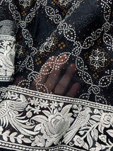 Silk Mark Certified Black Pure Kora Bandhani Parsi Gara saree in pure kora organza with bandhani digital print with parsi gara embroidery — Kaash Collection
