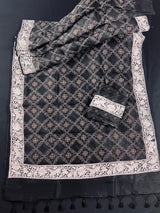Silk Mark Certified Black Pure Kora Bandhani Parsi Gara saree in pure kora organza with bandhani digital print with parsi gara embroidery — Kaash Collection