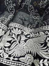 Silk Mark Certified Black Pure Kora Bandhani Parsi Gara saree in pure kora organza with bandhani digital print with parsi gara embroidery — Kaash Collection