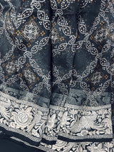 Silk Mark Certified Black Pure Kora Bandhani Parsi Gara saree in pure kora organza with bandhani digital print with parsi gara embroidery — Kaash Collection