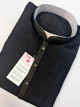 Black Color Raw Silk Men Kurta Pajama with Self Design material with Self Weave Pattern - Kaash