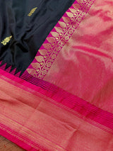 Black Color Soft Gadwal Silk with Ganga Yamuna Temple Border - Kaash