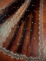 Black soft net dupatta with muted gold zari & mirror — Kaash Collection