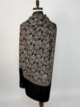 Black soft pashmina Kashmiri shawl with resham aari with muted gold zari, paisley design — Kaash Collection