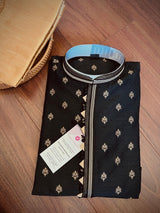 Black Color Soft Raw Silk Men Kurta Pajama in Self Design material with Antique Zari Weave butti with Cotton Lining - Kaash