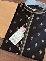 Black Color Soft Raw Silk Men Kurta Pajama in Self Design material with Antique Zari Weave butti with Cotton Lining - Kaash