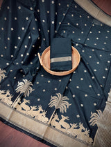 Black Color Soft Silk Saree small Buttis with Deer and Trees on the Borders in Zari Weave Work | Soft Silk Saree - Kaash