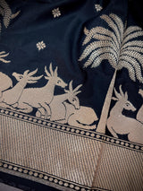 Black Color Soft Silk Saree small Buttis with Deer and Trees on the Borders in Zari Weave Work | Soft Silk Saree - Kaash