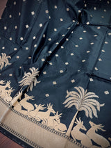 Black Color Soft Silk Saree small Buttis with Deer and Trees on the Borders in Zari Weave Work | Soft Silk Saree - Kaash
