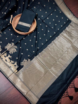 Black Color Soft Silk Saree small Buttis with Deer and Trees on the Borders in Zari Weave Work | Soft Silk Saree - Kaash