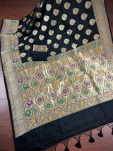 Black Banarasi saree in soft banarasi silk with paithani floral borders with meenakari — Kaash Collection