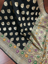 Black Banarasi saree in soft banarasi silk with paithani floral borders with meenakari — Kaash Collection