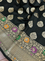 Black Color Traditional Banarasi Handloom Sari with Paithani Style Floral Borders with Meenakari Borders | Soft Silk Saree - Kaash
