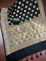 Black Color Traditional Banarasi Handloom Sari with Paithani Style Floral Borders with Meenakari Borders | Soft Silk Saree - Kaash
