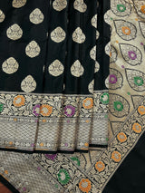 Black Color Traditional Banarasi Handloom Sari with Paithani Style Floral Borders with Meenakari Borders | Soft Silk Saree - Kaash