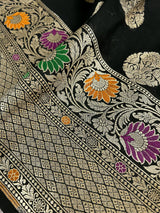 Black Color Traditional Banarasi Handloom Sari with Paithani Style Floral Borders with Meenakari Borders | Soft Silk Saree - Kaash