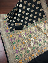 Black Color Traditional Banarasi Handloom Sari with Paithani Style Floral Borders with Meenakari Borders | Soft Silk Saree - Kaash