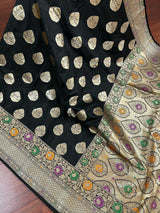 Black Color Traditional Banarasi Handloom Sari with Paithani Style Floral Borders with Meenakari Borders | Soft Silk Saree - Kaash
