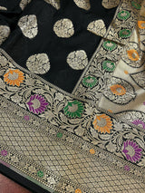 Black Color Traditional Banarasi Handloom Sari with Paithani Style Floral Borders with Meenakari Borders | Soft Silk Saree - Kaash