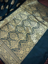 Black Color Traditional Banarasi Handloom Silk Saree in Muted Yellow Gold Muted Zari Weave - Kaash
