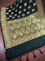 Black Color Traditional Banarasi Handloom Silk Saree in Muted Yellow Gold Muted Zari Weave - Kaash