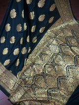 Black Color Traditional Banarasi Handloom Silk Saree in Muted Yellow Gold Muted Zari Weave - Kaash