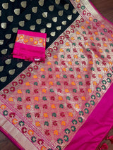 Black Color Traditional Banarasi Silk Handloom Saree with Paithani Border and Pallu | Meenakari Work | Black and Hot Pink Combination Saree - Kaash