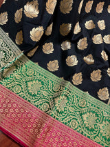 Black with Hot Pink & Green Banarasi saree in banarasi silk with 8.5" wide satin patta border in hot pink & green — Kaash Collection
