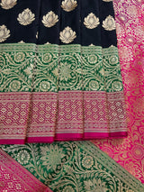 Black with Hot Pink & Green Banarasi saree in banarasi silk with 8.5" wide satin patta border in hot pink & green — Kaash Collection