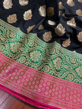 Black with Hot Pink & Green Banarasi saree in banarasi silk with 8.5" wide satin patta border in hot pink & green — Kaash Collection