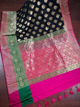 Black with Hot Pink & Green Banarasi saree in banarasi silk with 8.5" wide satin patta border in hot pink & green — Kaash Collection