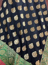 Black with Hot Pink & Green Banarasi saree in banarasi silk with 8.5" wide satin patta border in hot pink & green — Kaash Collection