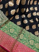 Black Color Traditional Banarasi Silk Handloom Saree with Wide Border | Meenakari and Satin Patta Border - Kaash