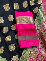 Black Color Traditional Banarasi Silk Handloom Saree with Wide Border | Meenakari and Satin Patta Border - Kaash