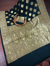 Black with Yellow Gold Banarasi saree in banarasi soft silk with yellow gold muted zari with floral buttas — Kaash Collection