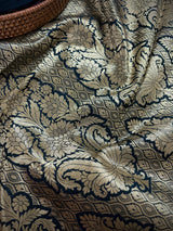 Black with Yellow Gold Banarasi saree in banarasi soft silk with yellow gold muted zari with floral buttas — Kaash Collection
