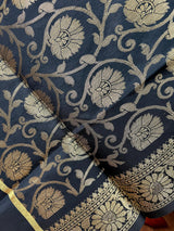 Black Floral Jaal Muted Gold Zari Weaved Dupatta | Floral Silk Dupatta | Zari Work | Dupatta | Stole | Scarf | Dupattas for Gifts - Kaash