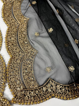 Black net dupatta with muted gold zari, sequin & beads — Kaash Collection
