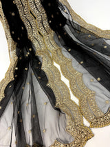 Black net dupatta with muted gold zari, sequin & beads — Kaash Collection