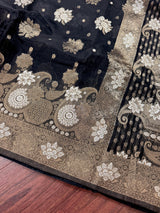 Black Organza Silk Saree with Antique and Sliver Zari, Floral design - Kaash