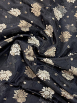 Black Organza Silk Saree with Antique and Sliver Zari, Floral design - Kaash