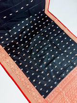 Black Pure Katan Silk Saree with Red Color Border and Pallu - Kaash