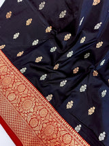 Black Pure Katan Silk Saree with Red Color Border and Pallu - Kaash