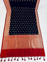 Black Pure Katan Silk Saree with Red Color Border and Pallu - Kaash