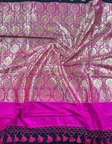 Black Saree with Green and Pink borders and Pallu | Banarasi Soft Silk Saree with Floral Buttas | Soft Silk Handloom Saree | Satin Borders - Kaash