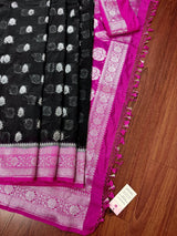 Black Semi Banarasi Organza Silk Saree with Hot Pink Border & Silver Zari Weave - Kaash